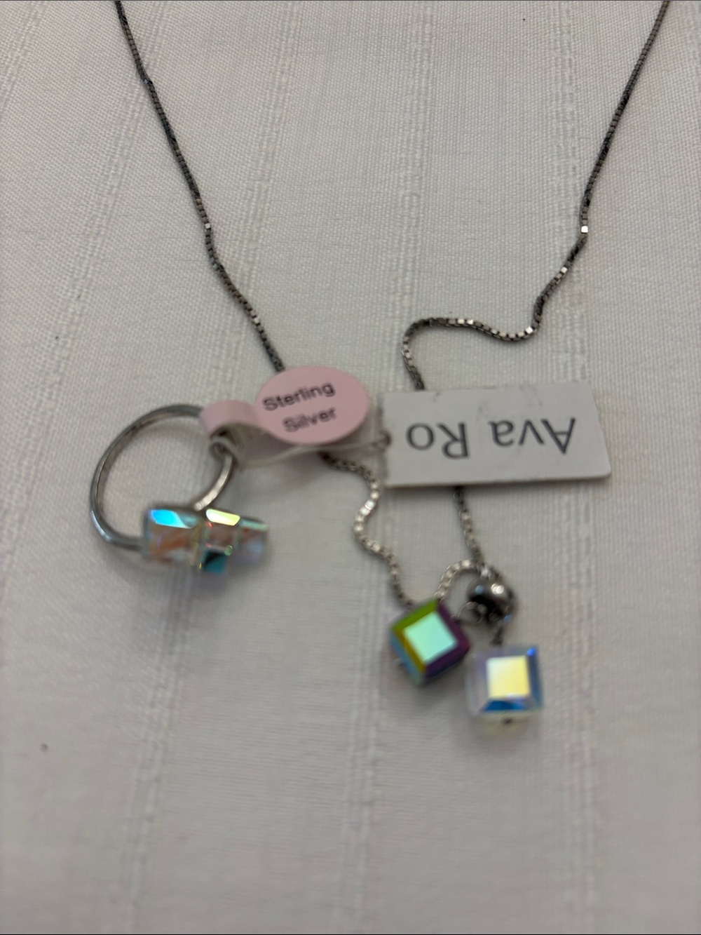 Silver Necklace with Ring (size 8) Cube Charms